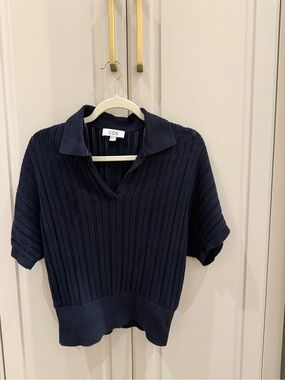 COS Navy Ribbed Short Sleeve Polo Top